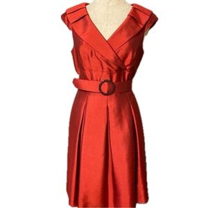 Tahari Levine Dress Ruby Red Portrait Collar Retro Style A Line Dress w Belt